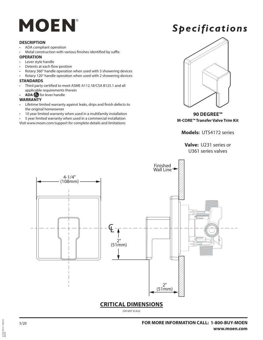 Moen UTS4172-series cut sheet — first page