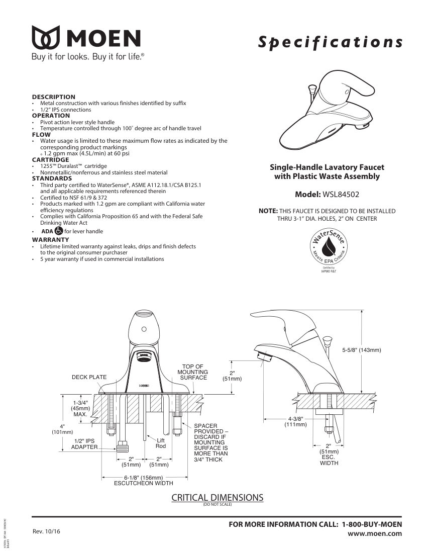 Moen WSL84502 cut sheet — first page