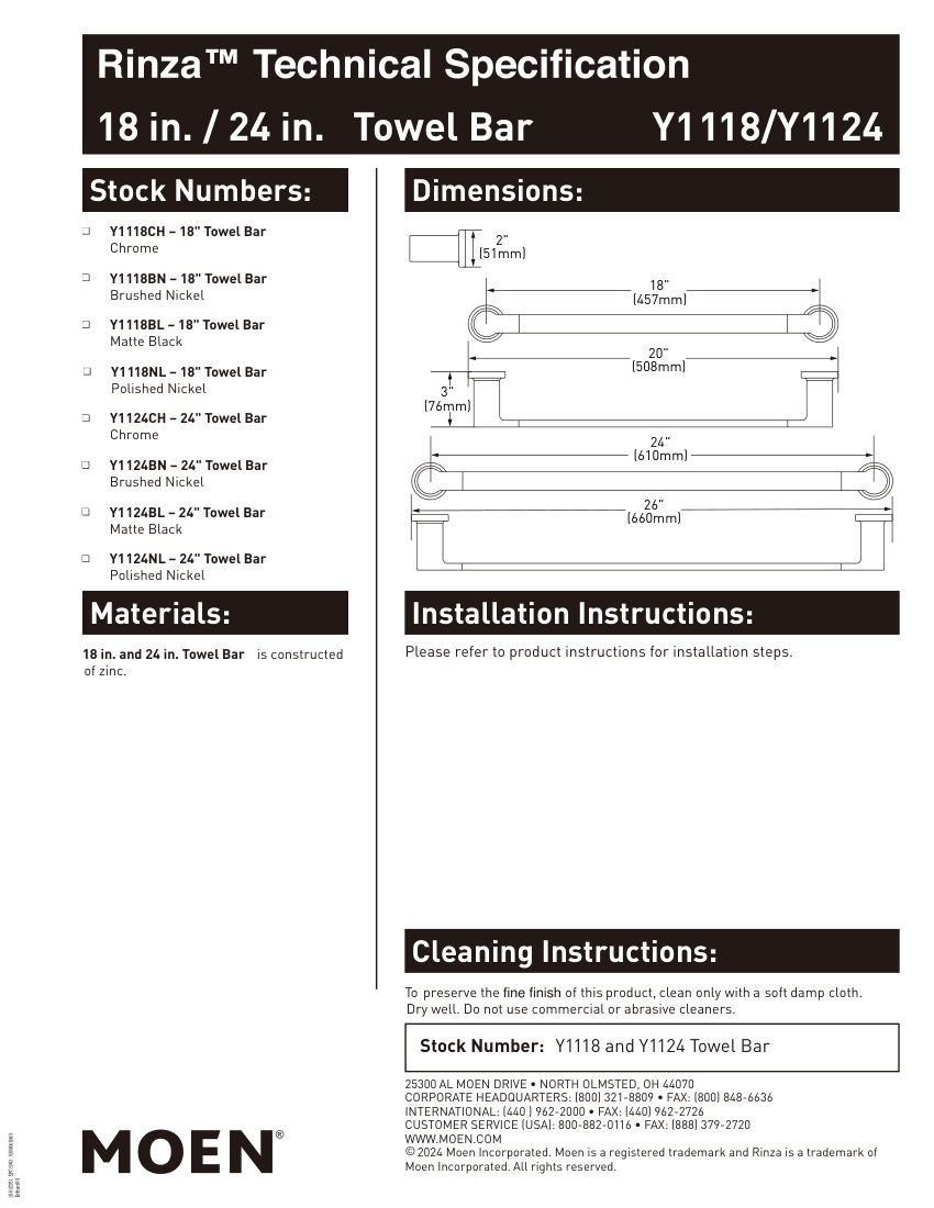 Moen Y1118 cut sheet — first page
