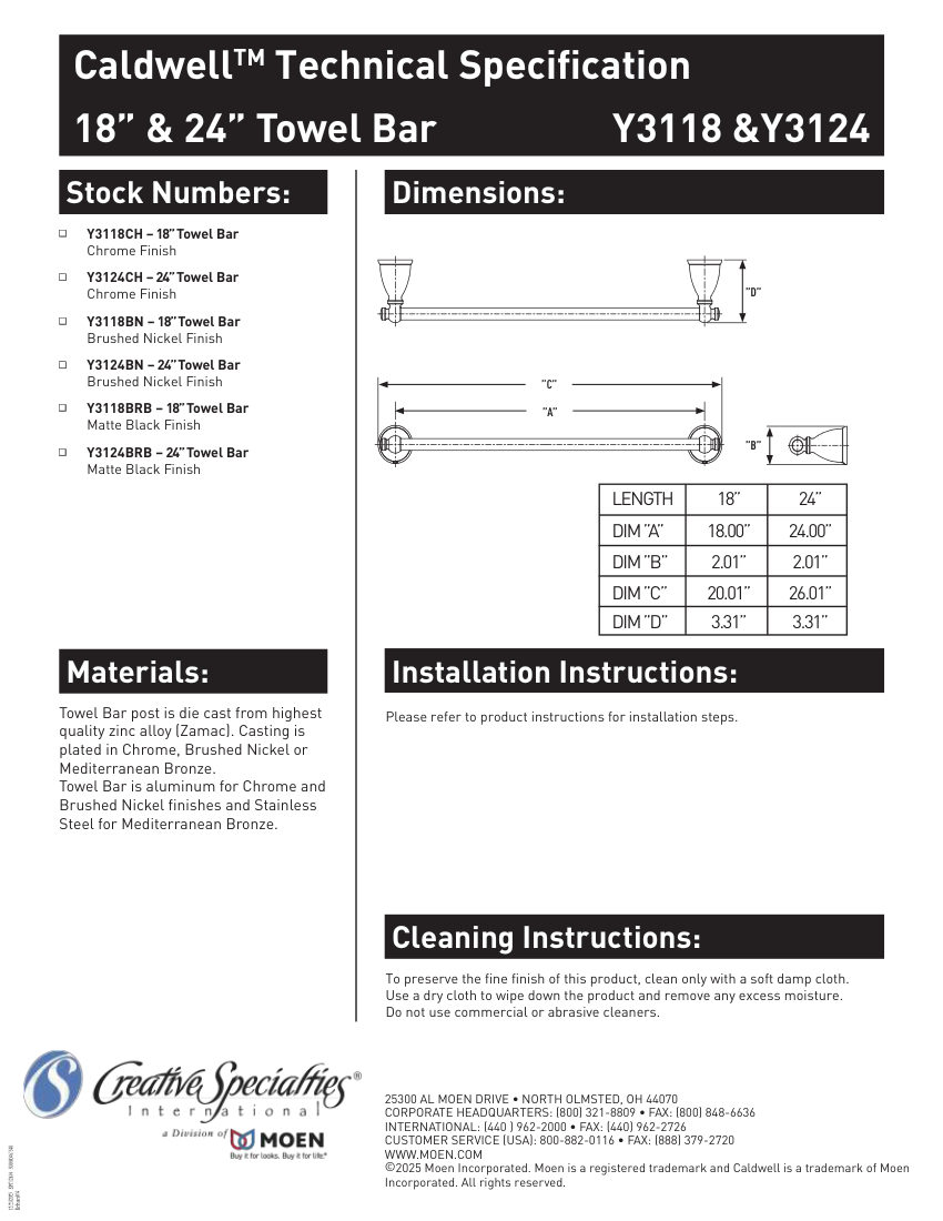 Moen Y3118 cut sheet — first page