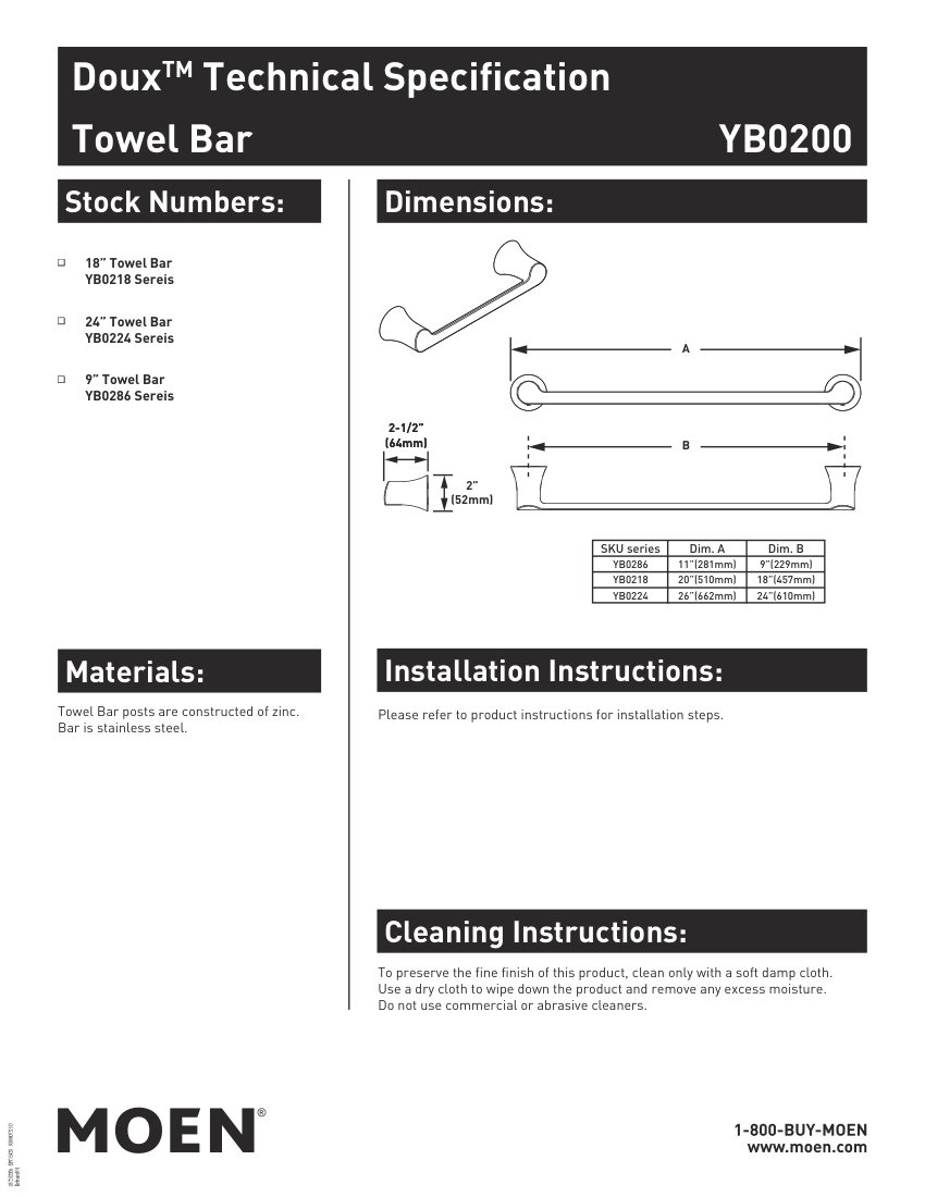 Moen YB0286CH cut sheet — first page