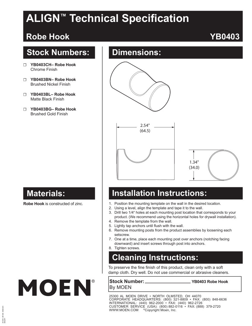 Moen YB0403CH cut sheet — first page