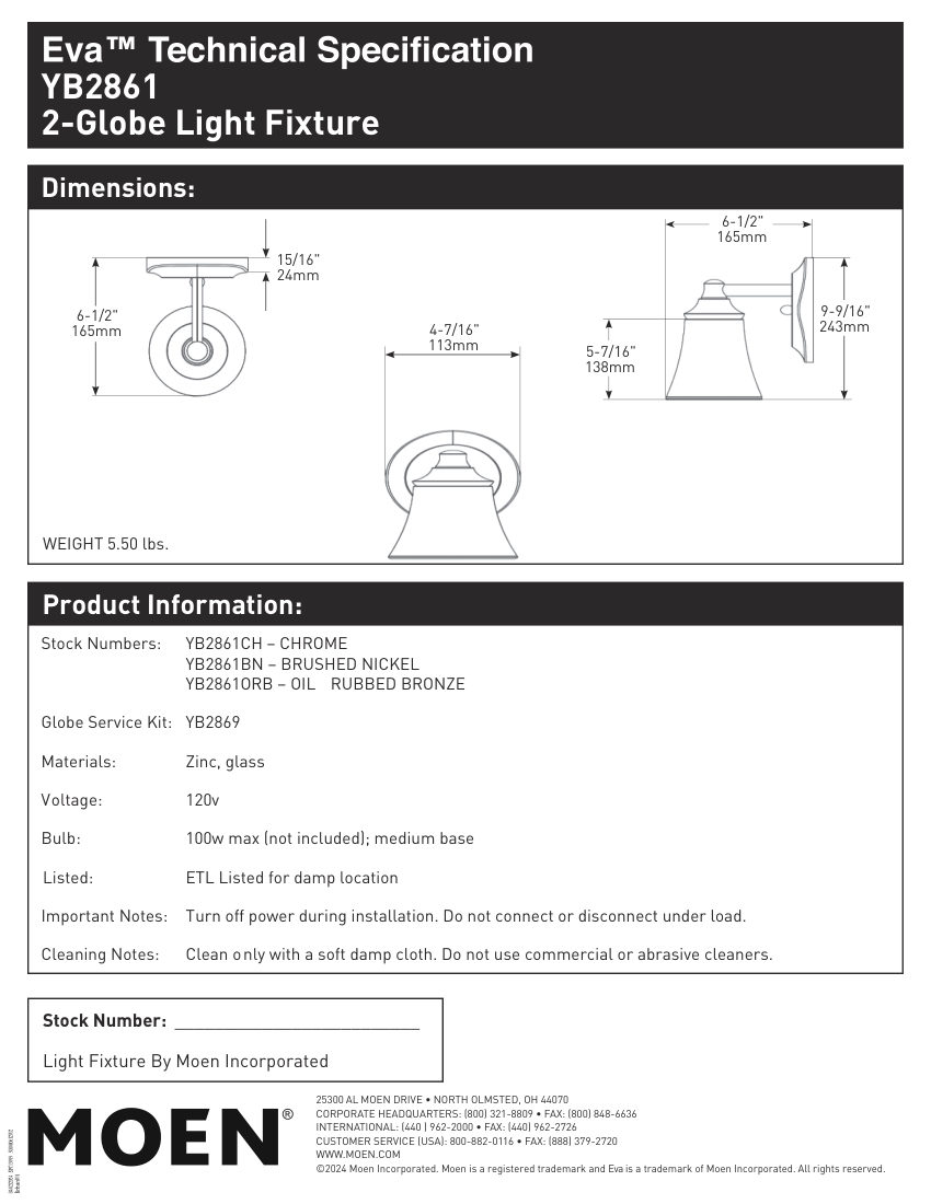 Moen YB2861 cut sheet — first page