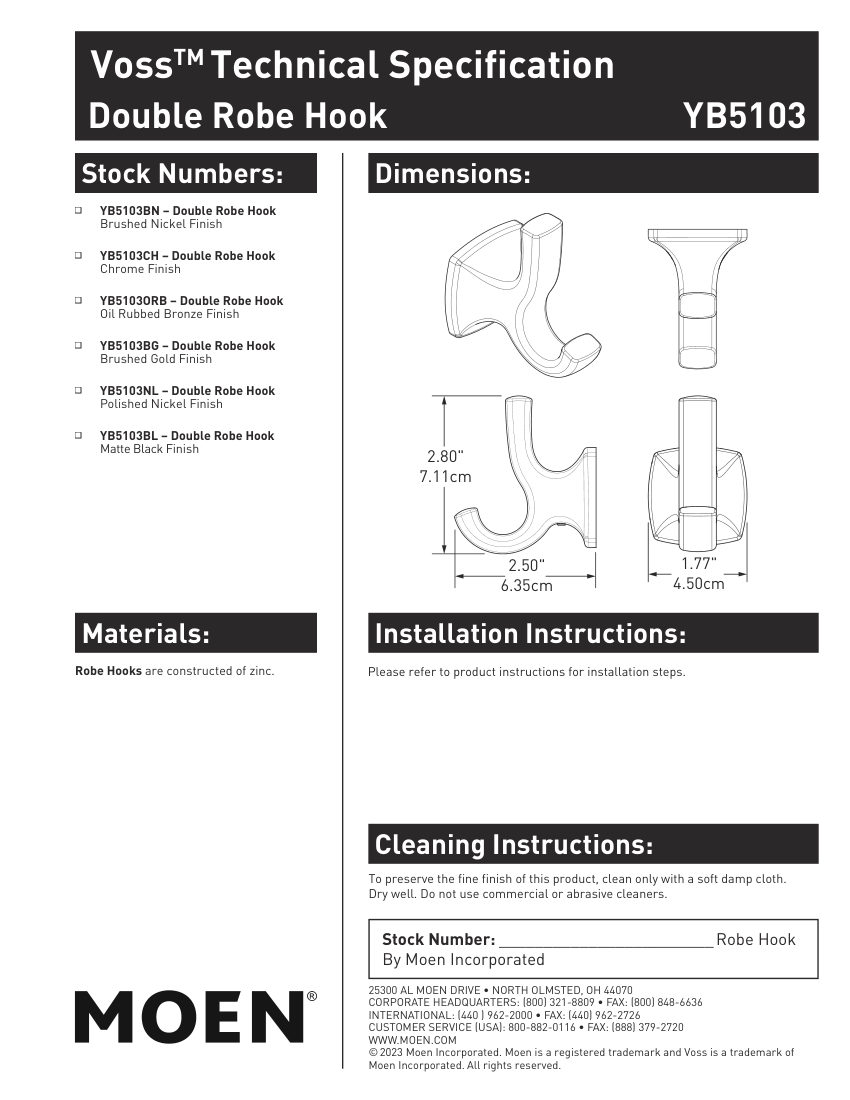 Moen YB5103BN cut sheet — first page