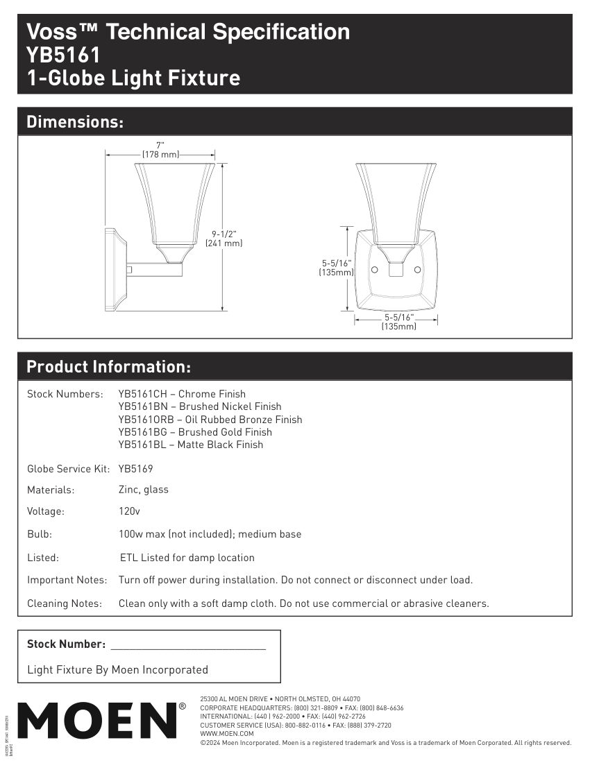 Moen YB5164CH cut sheet — first page