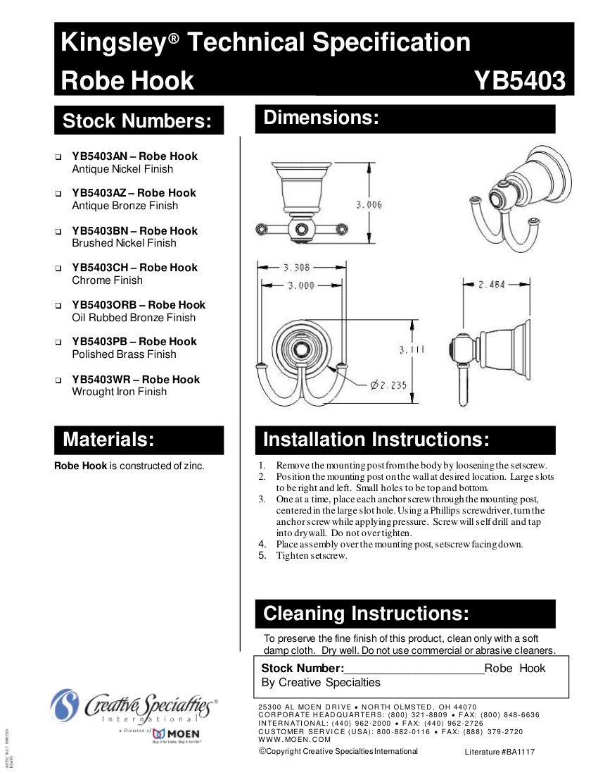 Moen YB5403AN cut sheet — first page