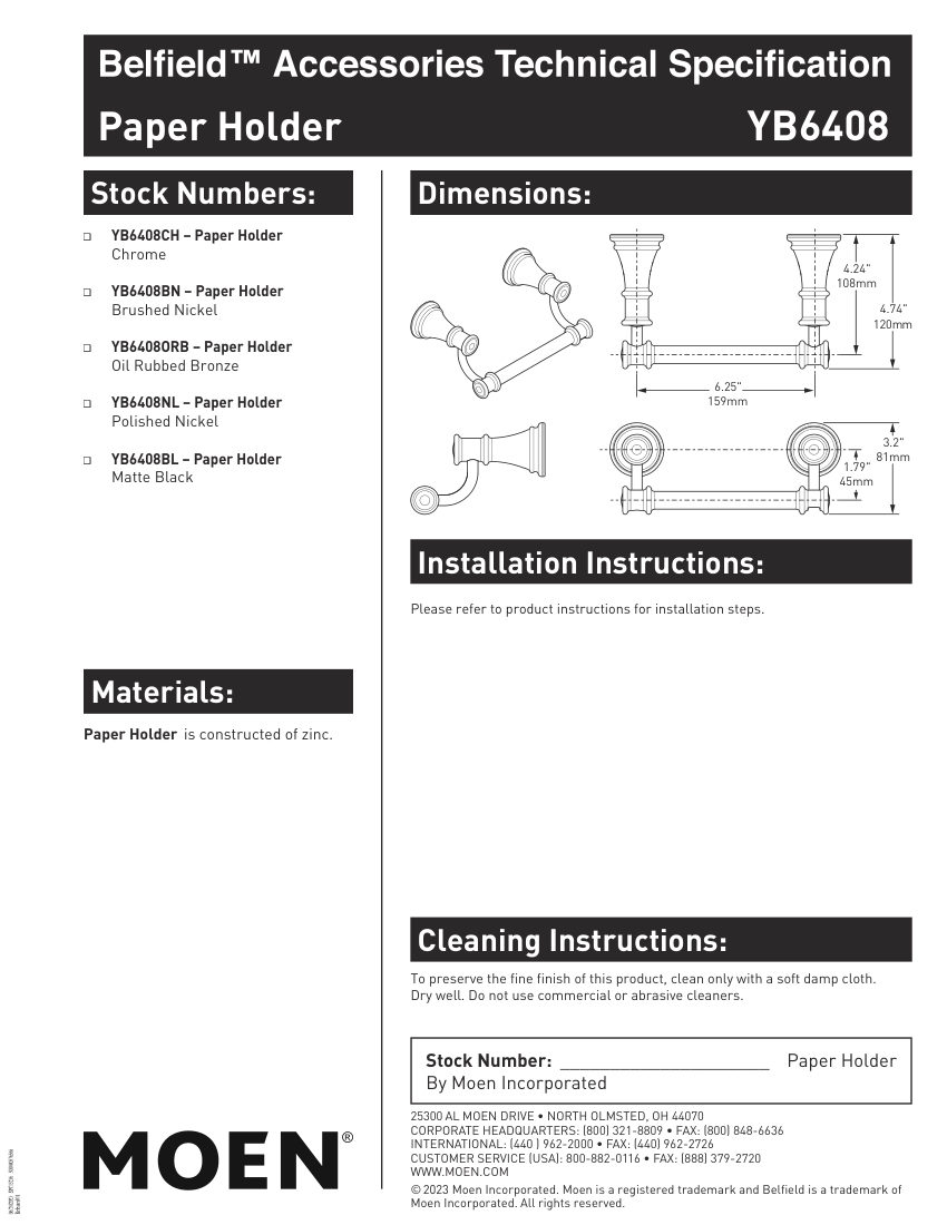 Moen YB6408CH cut sheet — first page