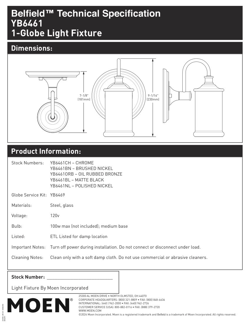 Moen YB6469 cut sheet — first page