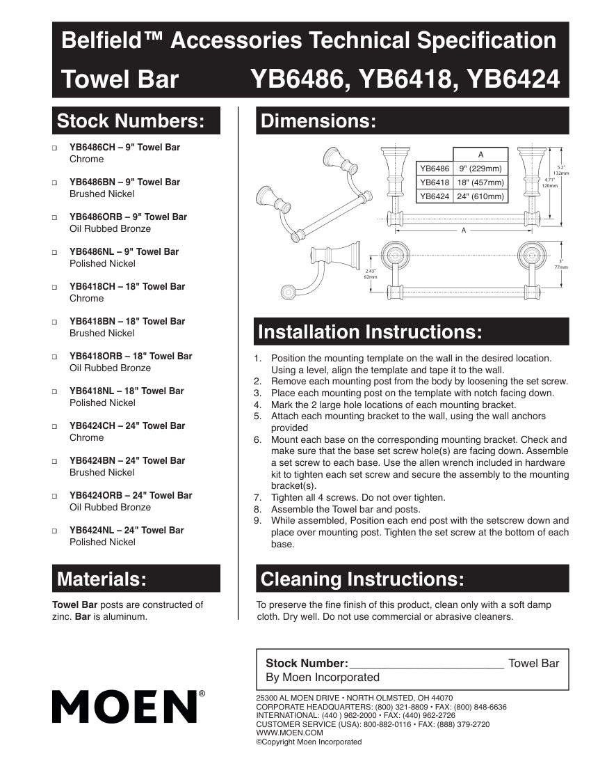 Moen YB6486CH cut sheet — first page