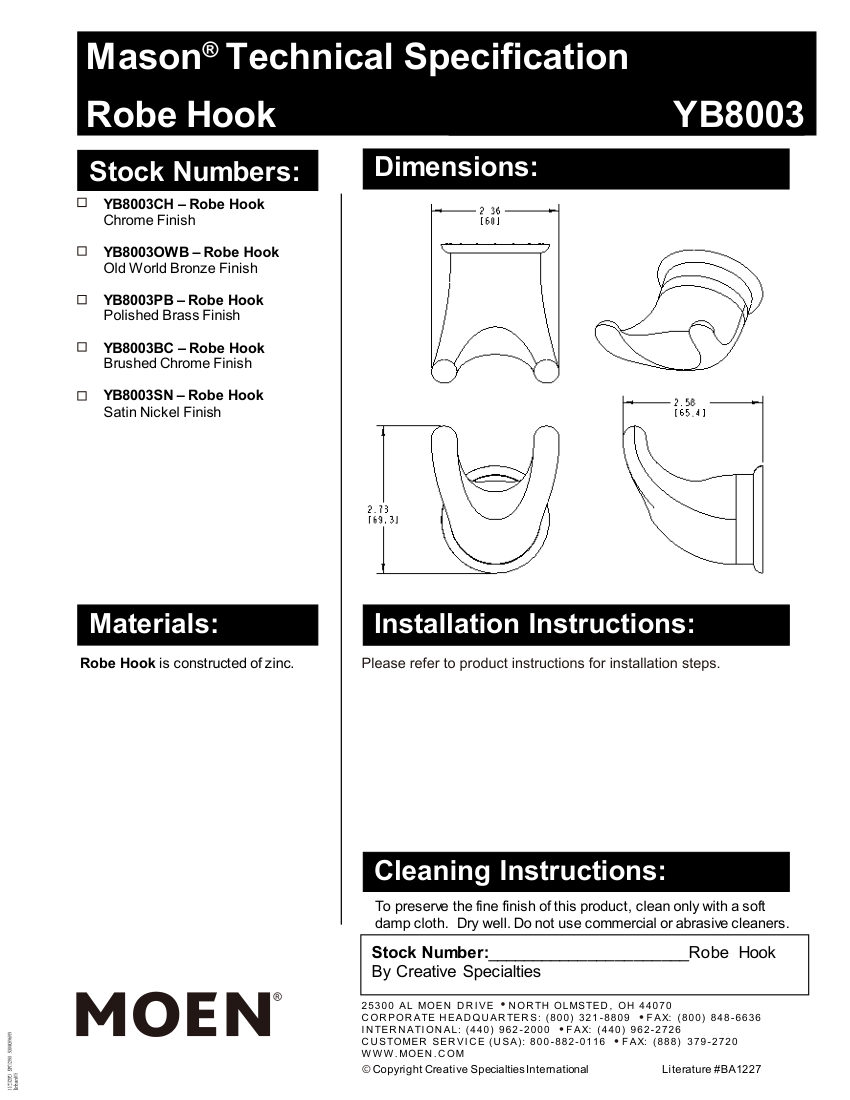 Moen YB8003CH cut sheet — first page