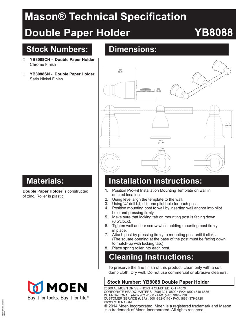 Moen YB8088 cut sheet — first page