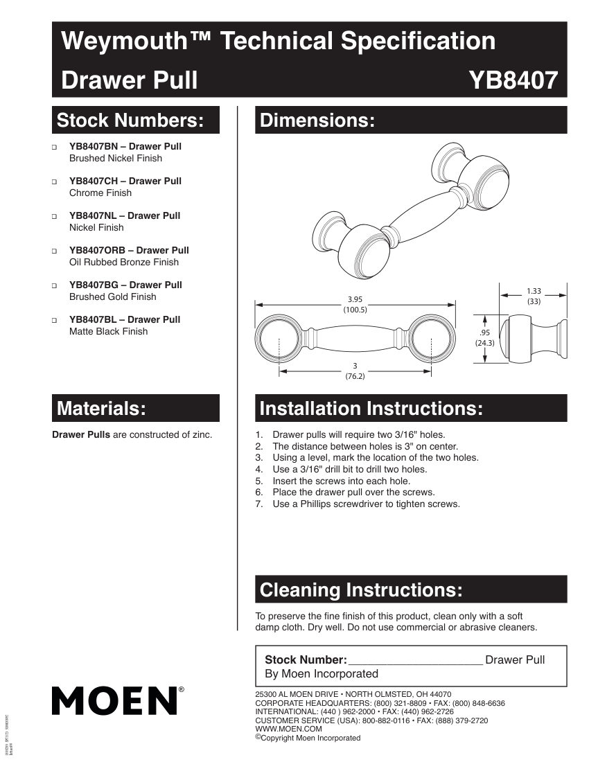 Moen YB8407 cut sheet — first page