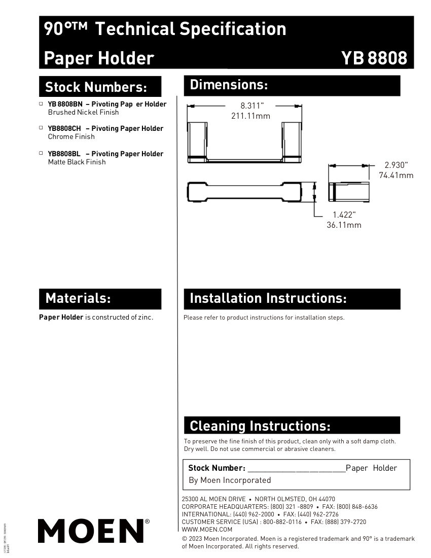 Moen YB8808BN cut sheet — first page