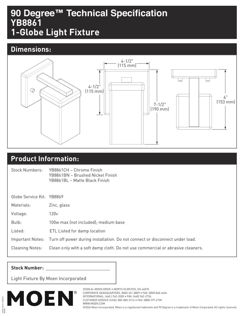 Moen YB8863CH cut sheet — first page