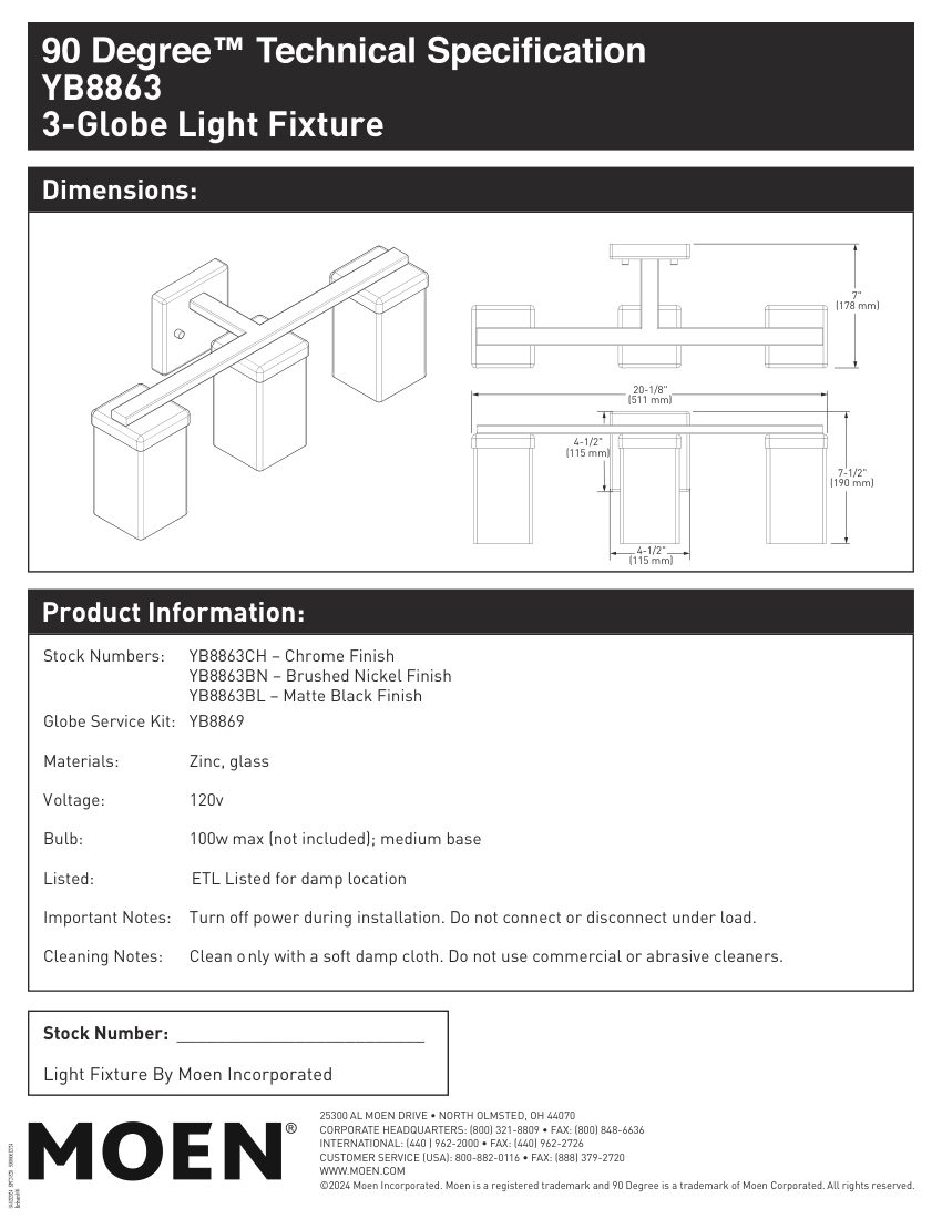 Moen YB8869 cut sheet — first page
