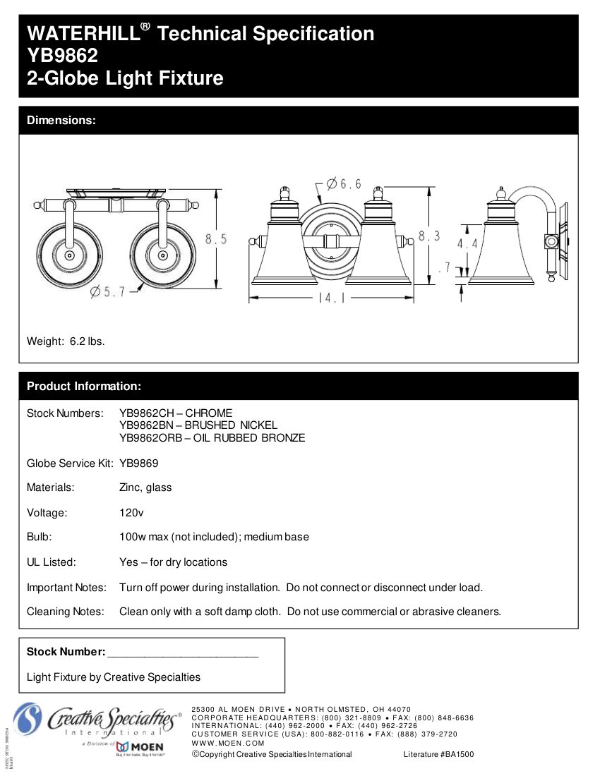 Moen YB9869 cut sheet — first page