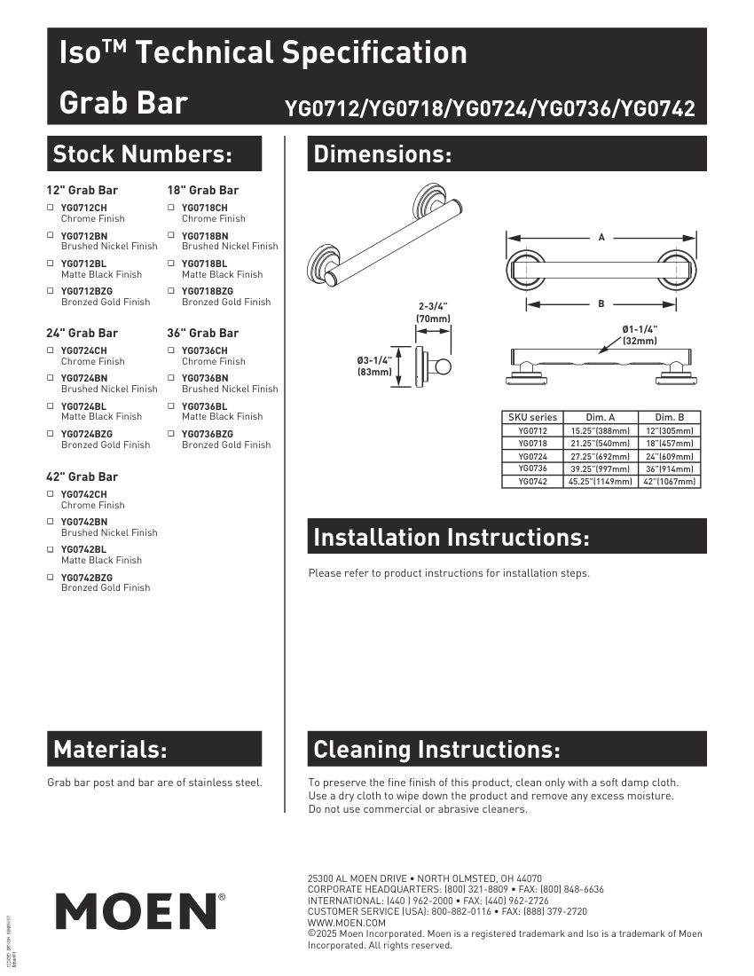 Moen YG0712 cut sheet — first page