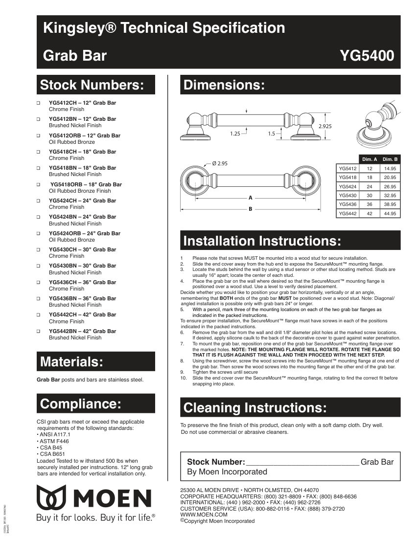 Moen YG5412CH cut sheet — first page