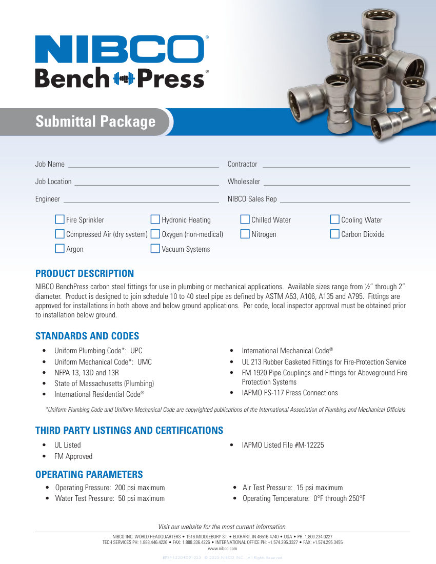 NIBCO BenchPress® Submittal Package cut sheet — first page