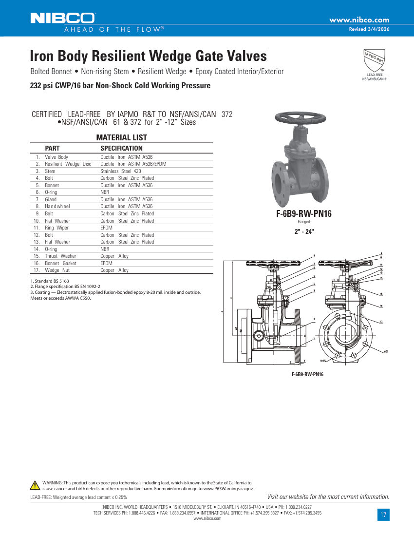 NIBCO F-6B9-RW-PN16 cut sheet — first page