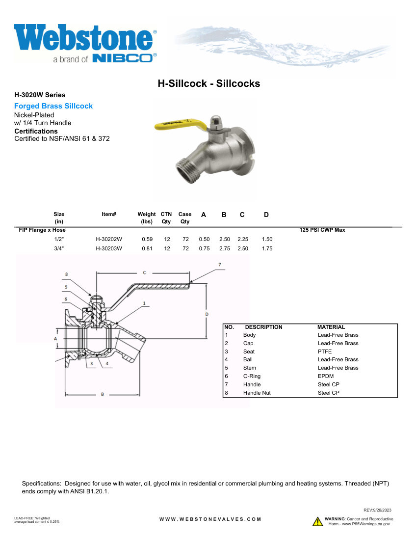 NIBCO H-3020 cut sheet — first page