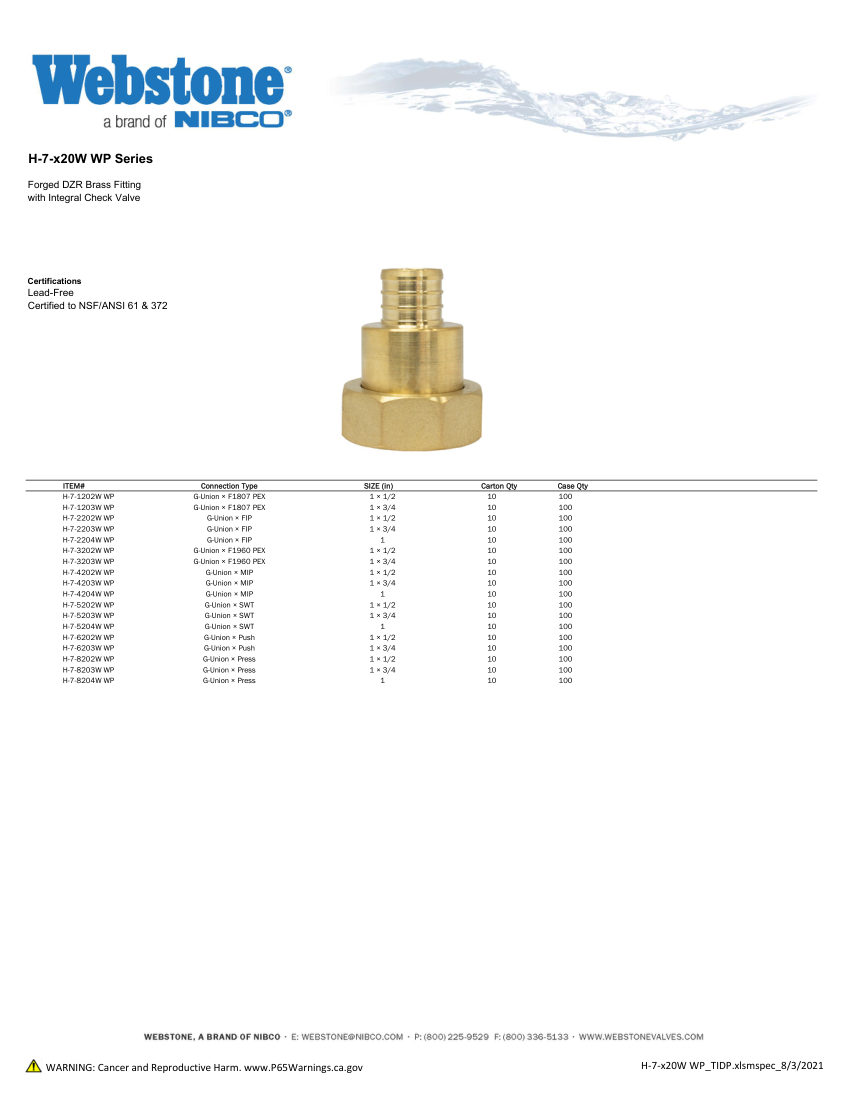 NIBCO H-7-x20_ZSpec cut sheet — first page