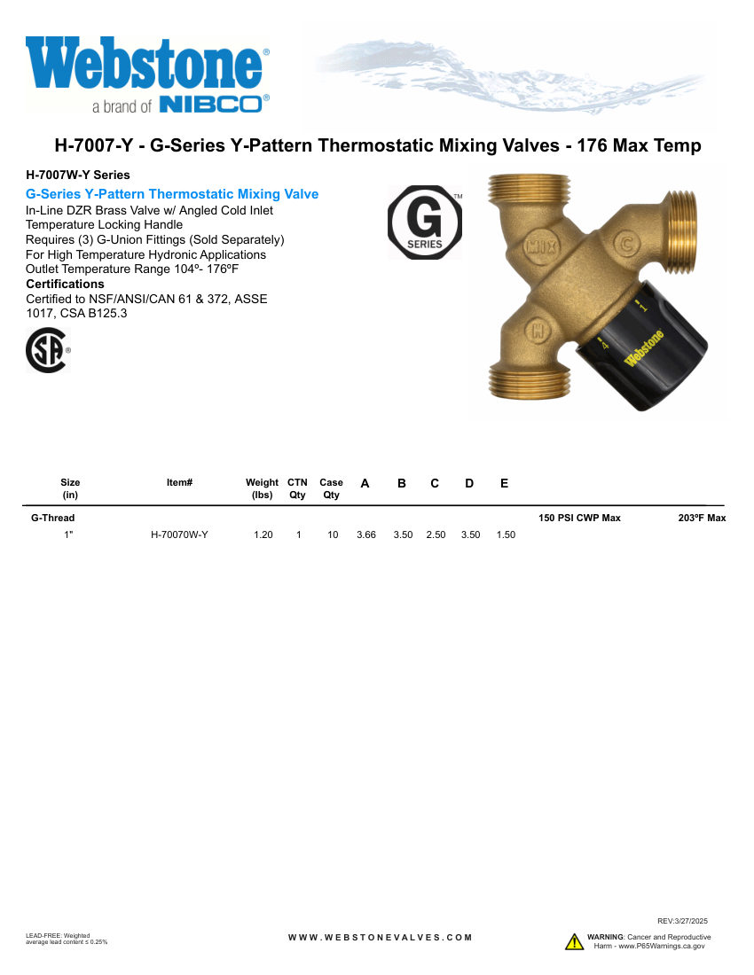 NIBCO H-70070W-Y cut sheet — first page