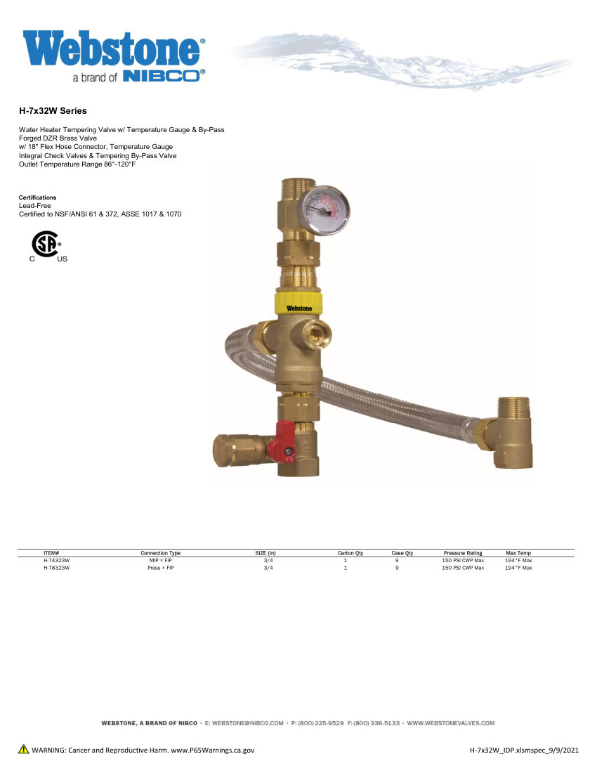 NIBCO H-7x32_ZSpec cut sheet — first page