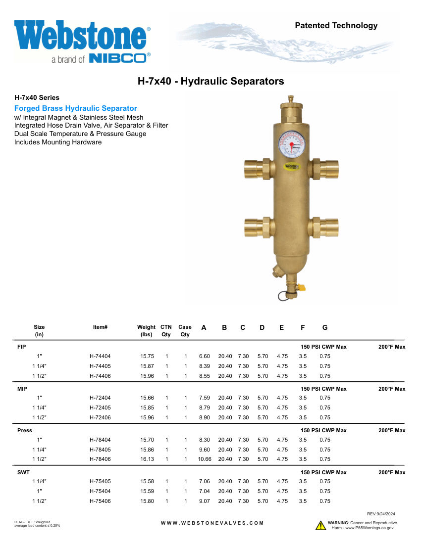 NIBCO H-7x40_ZSpec cut sheet — first page
