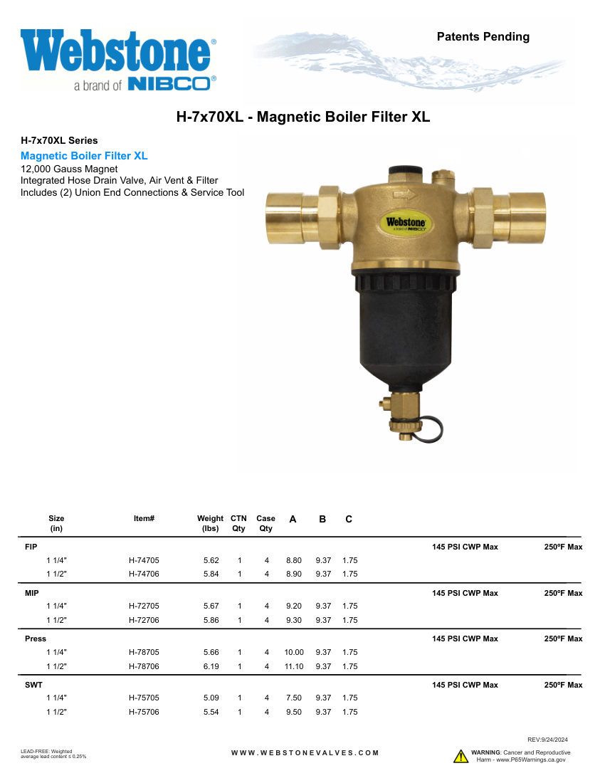 NIBCO H-7x70XL_ZSpec cut sheet — first page