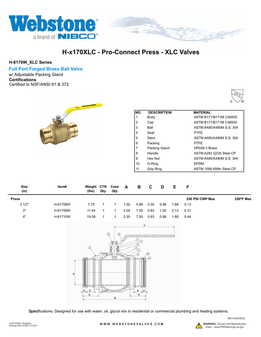 NIBCO H-8170 cut sheet — first page