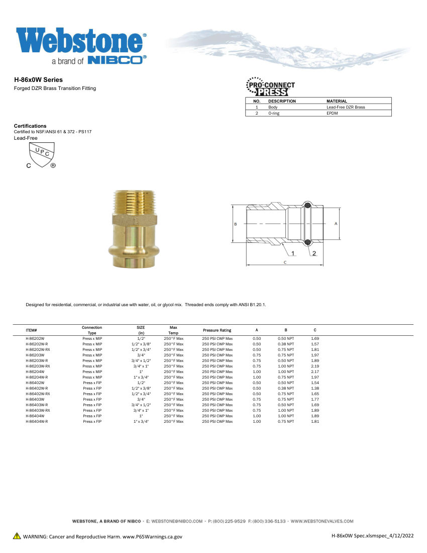 NIBCO H-86x0_ZSpec cut sheet — first page