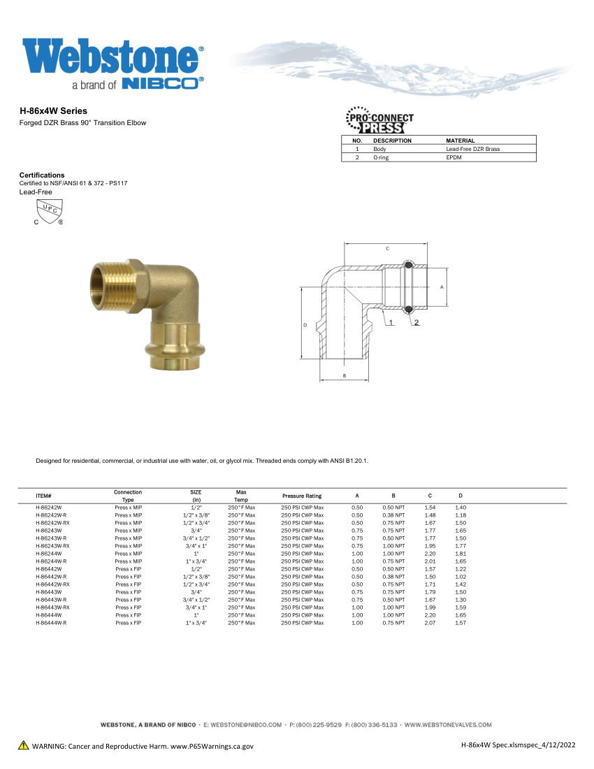 NIBCO H-86x4_ZSpec cut sheet — first page