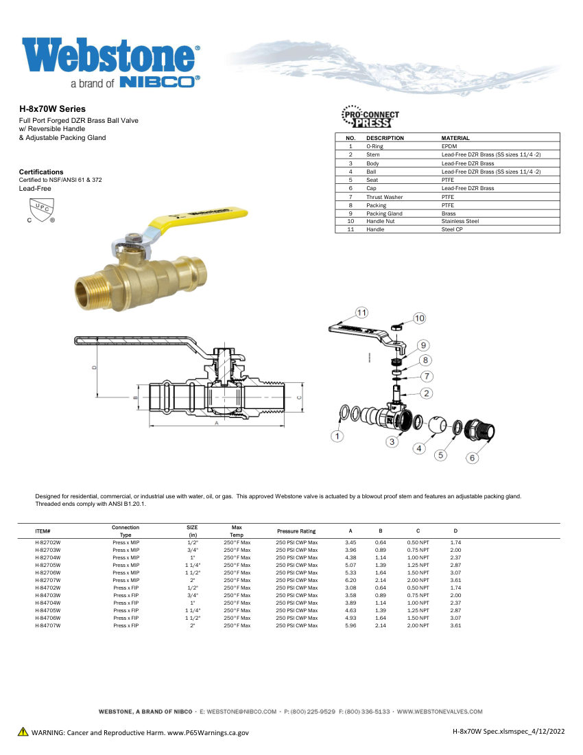 NIBCO H-8x70_ZSpec cut sheet — first page