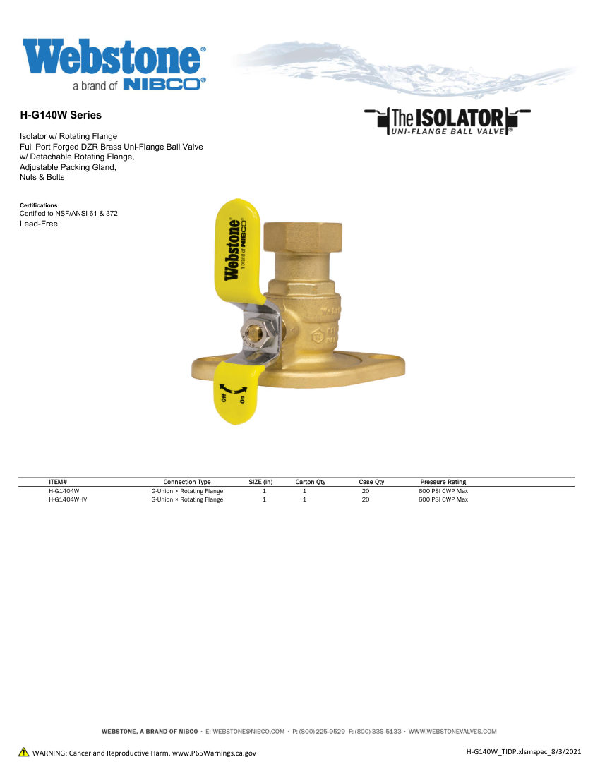 NIBCO H-G14x_ZSpec cut sheet — first page