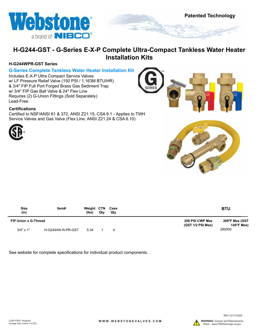 NIBCO H-G2444W-R-PR-GST cut sheet — first page