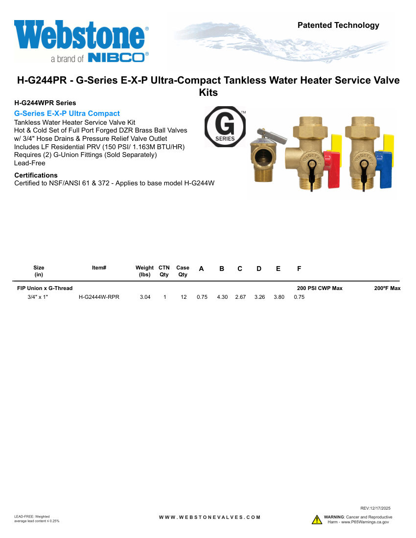 NIBCO H-G244PR_ZSpec cut sheet — first page