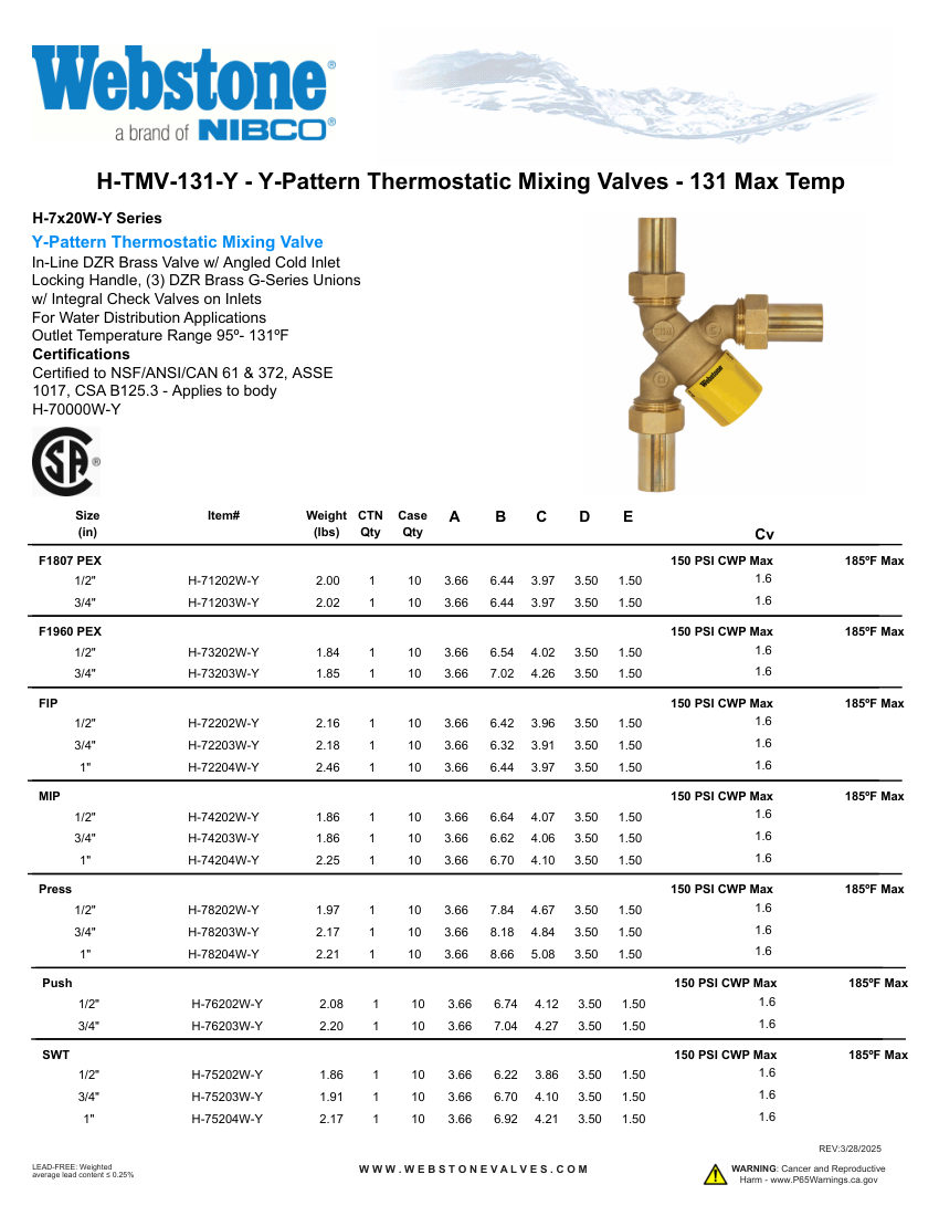 NIBCO H-TMV-131-Y_Zspec cut sheet — first page