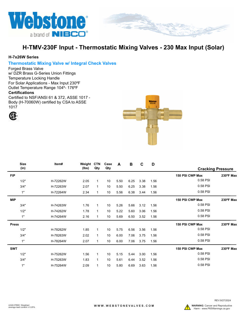 NIBCO H-TMV-230F cut sheet — first page