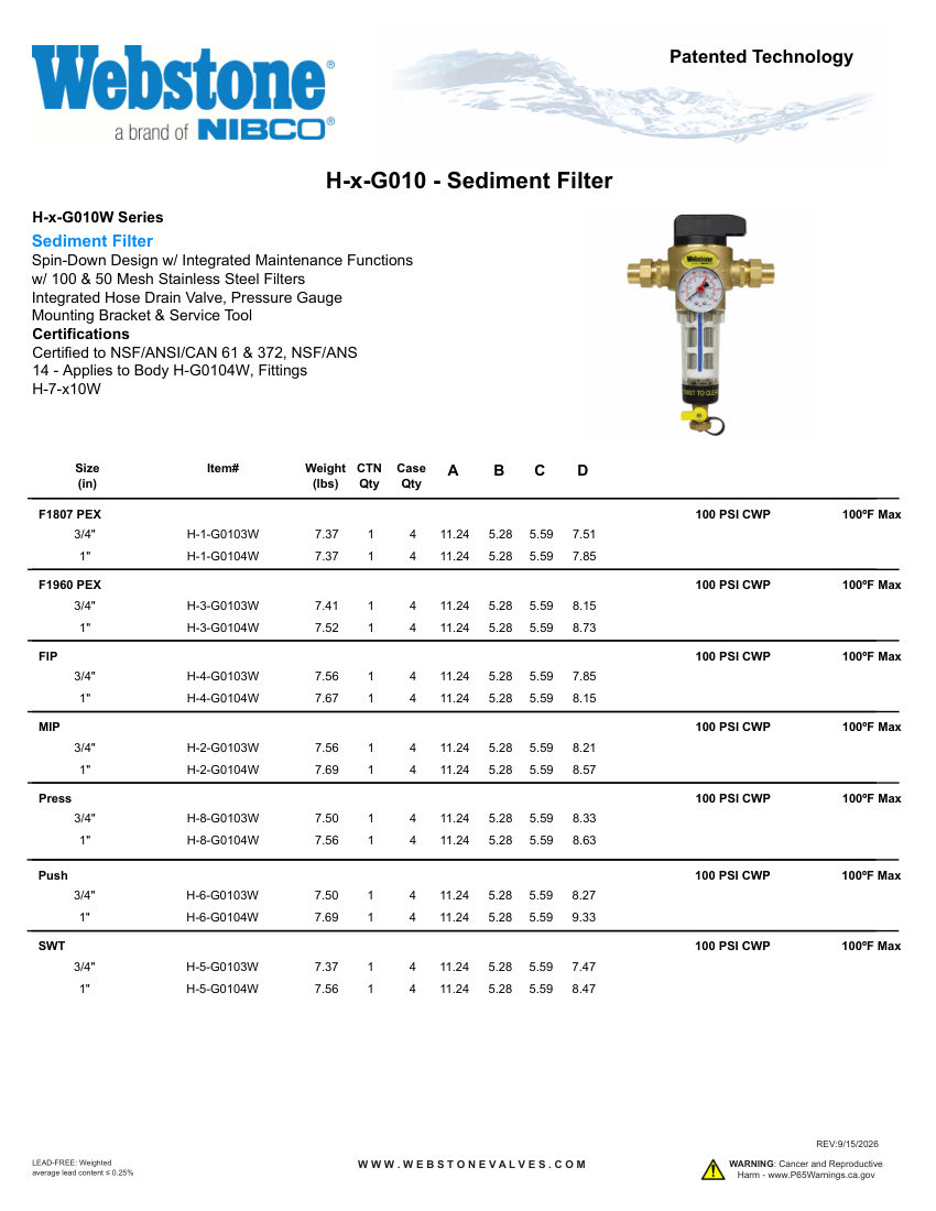 NIBCO H-x-G010_ZSpec cut sheet — first page