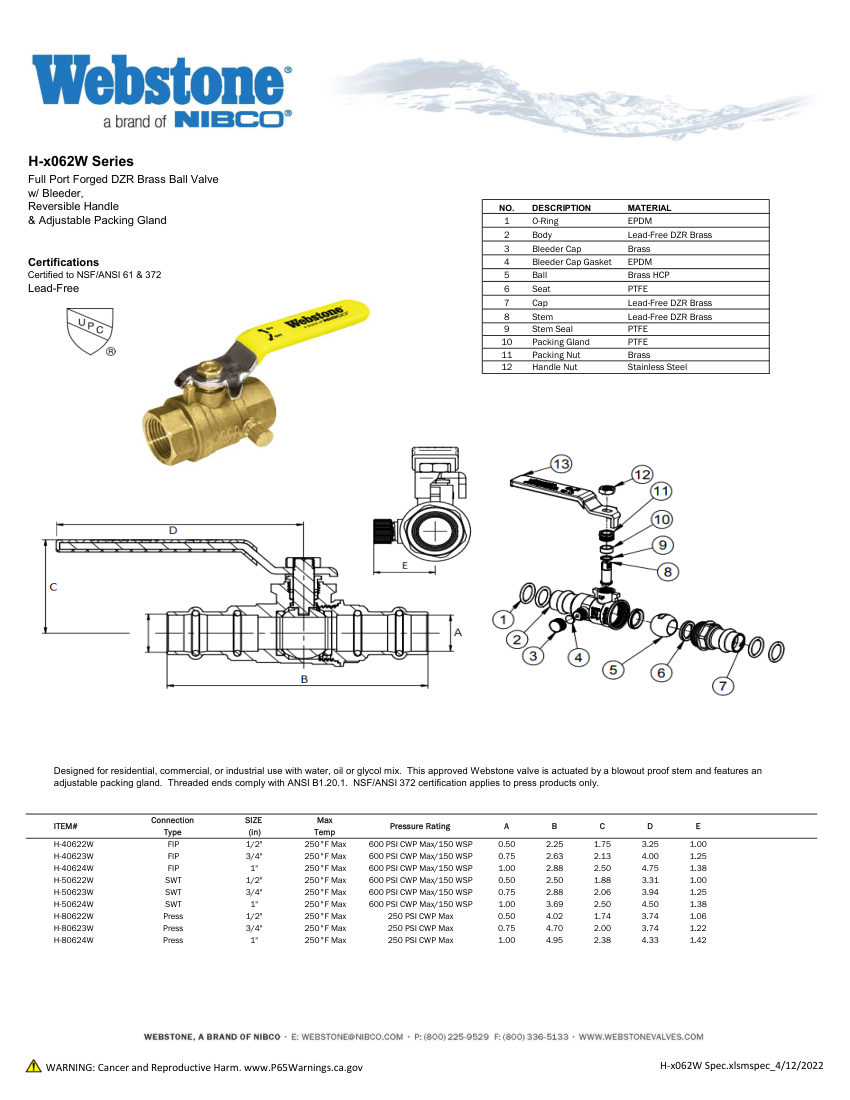 NIBCO H-x062_ZSpec cut sheet — first page