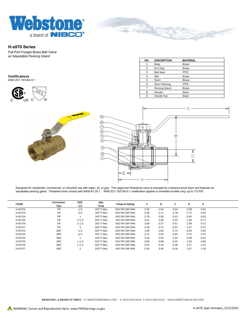 NIBCO H-x070_ZSpec cut sheet — first page