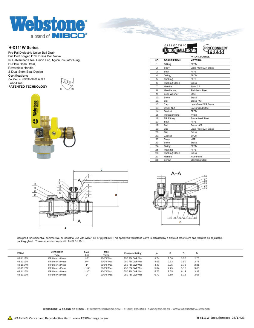 NIBCO H-x111_ZSpec cut sheet — first page