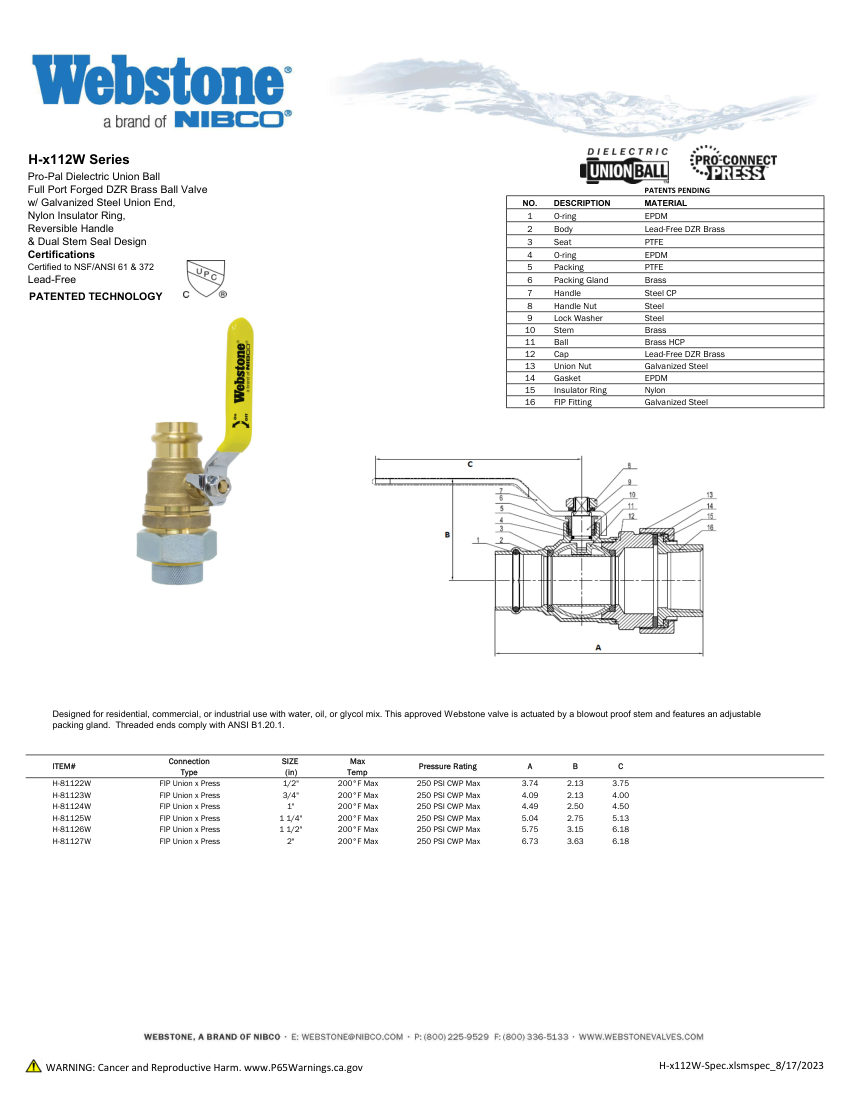 NIBCO H-x112_ZSpec cut sheet — first page