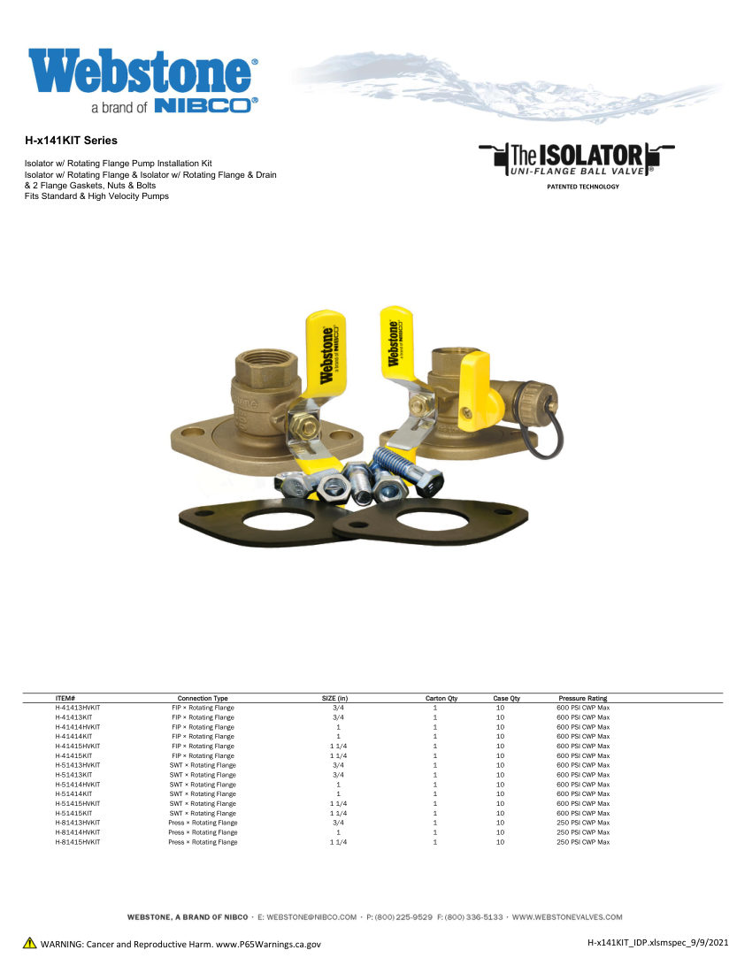 NIBCO H-x141KIT_ZSpec cut sheet — first page