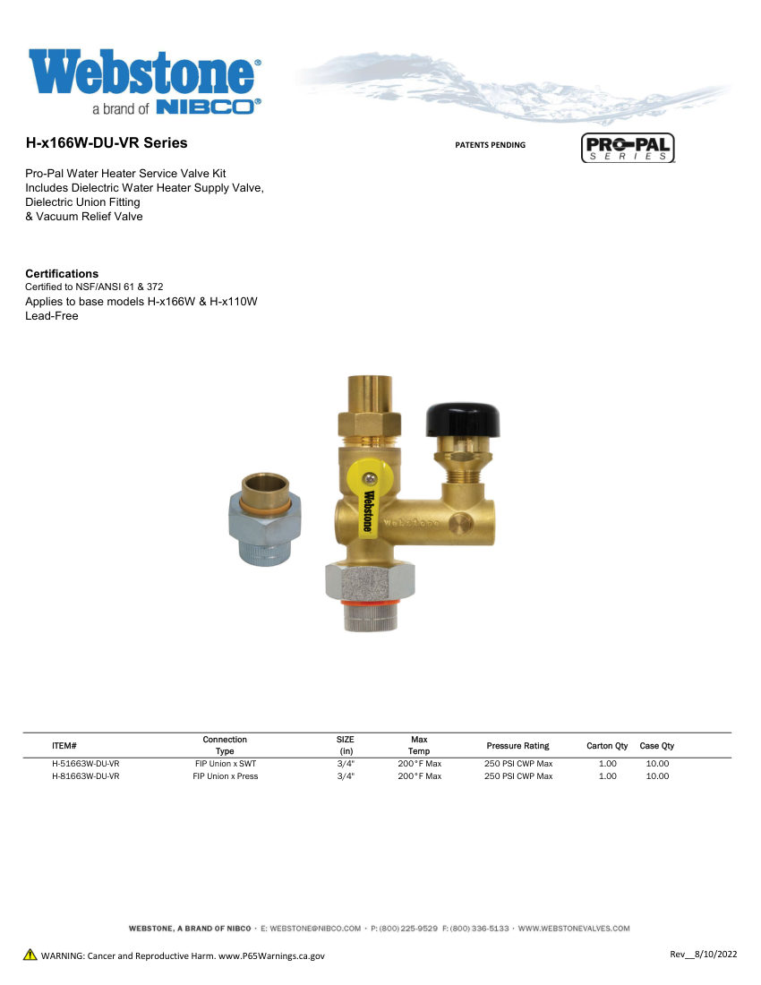 NIBCO H-x166-DU-VR_ZSpec cut sheet — first page