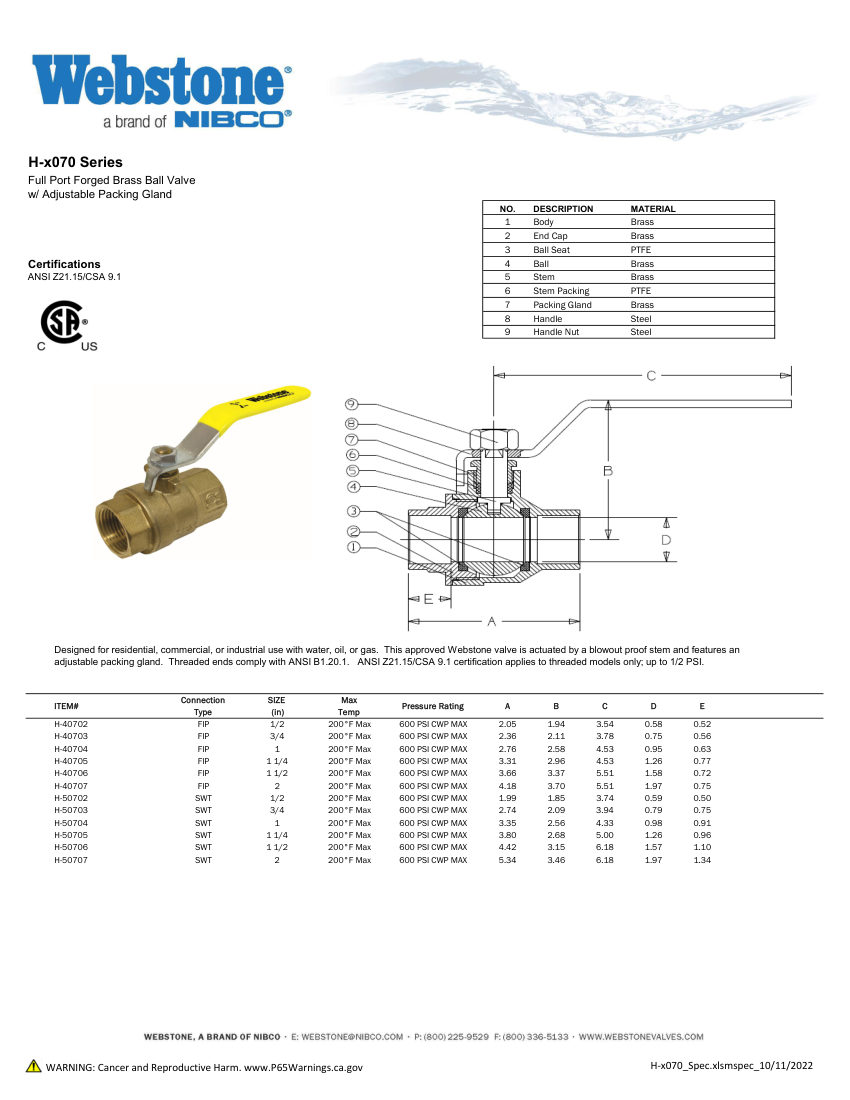 NIBCO H-x170_ZSpec cut sheet — first page
