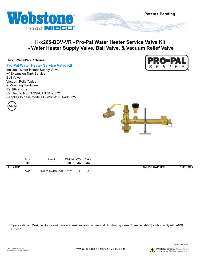 NIBCO H-x265-BBV-VR_ZSpec cut sheet — first page