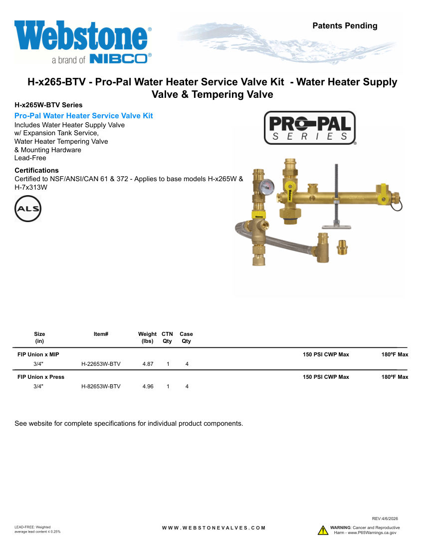 NIBCO H-x265-BTV_ZSpec cut sheet — first page