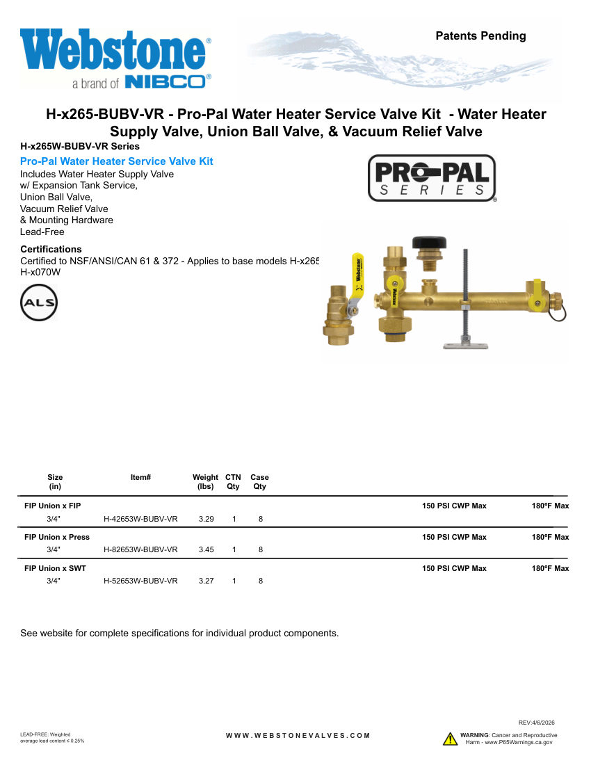NIBCO H-x265-BUBV-VR_ZSpec cut sheet — first page